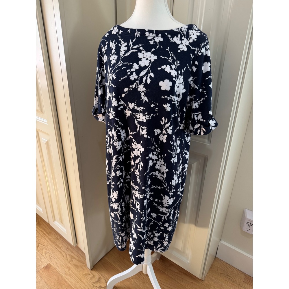 Croft & Barrow XL Womens Floral Print Dress Casual Navy Blue‎ White